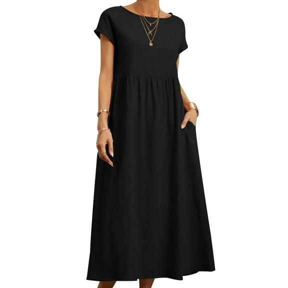 Yoetaun Women Cotton Linen Dress Plus-Size Baggy Shirt Dress Casual Loose Fit Solid Color Kaftan Long Dress with Pockets Black