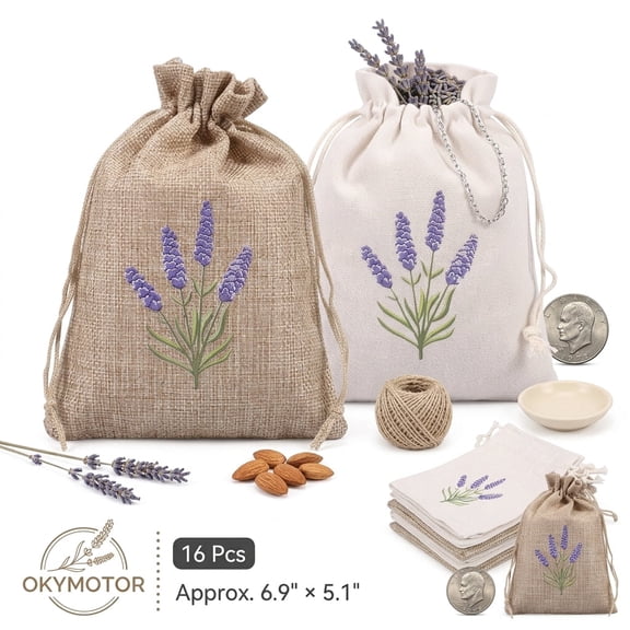 OKYMOTOR 16Pcs Linen & Canvas Lavender Sachet Bags - Reusable Drawstring Pouch for Filling Candy Jewelry & Lavender