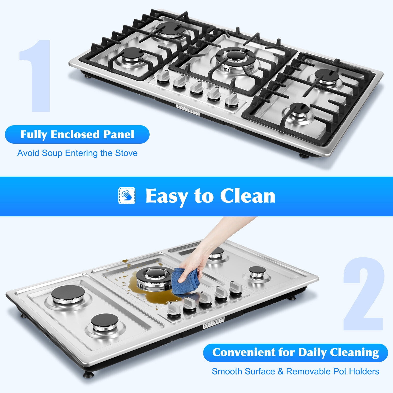 34" Gas Stove Cooktop with 5 Burners Kitchen, Stainless Steel Cooker Built-in NG/LPG Gas Cooktop