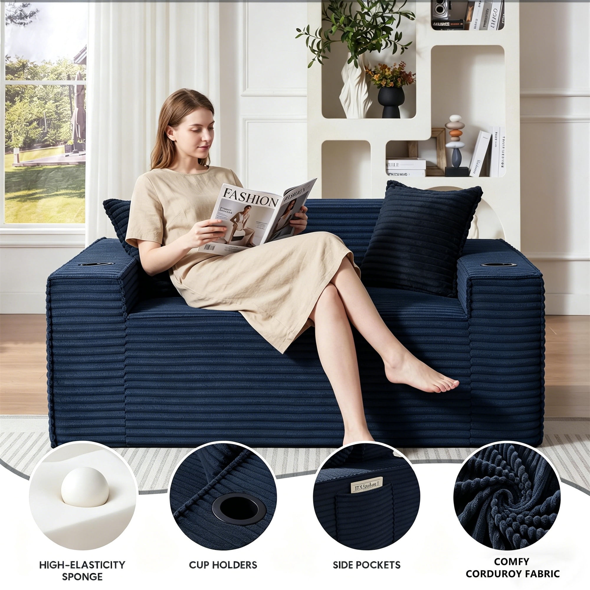 Aukfa 3 Piece Boneless Couch Set, Small Loveseat Cloud Sofa for Living Room, 2 Cup Holders&Storage Pockets, Corduroy, Blue