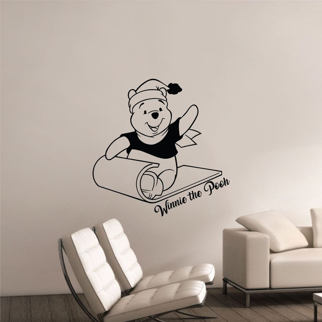 Cute Winnie The Pooh in Sleigh Winnie The Pooh Teddy Bear Cartoon Character Vinyl Wall Decal Art Decor Home Kids Room Girls Boys Bedroom Living Room Winnie The Pooh Home Décor Design Size (18x20 inch)