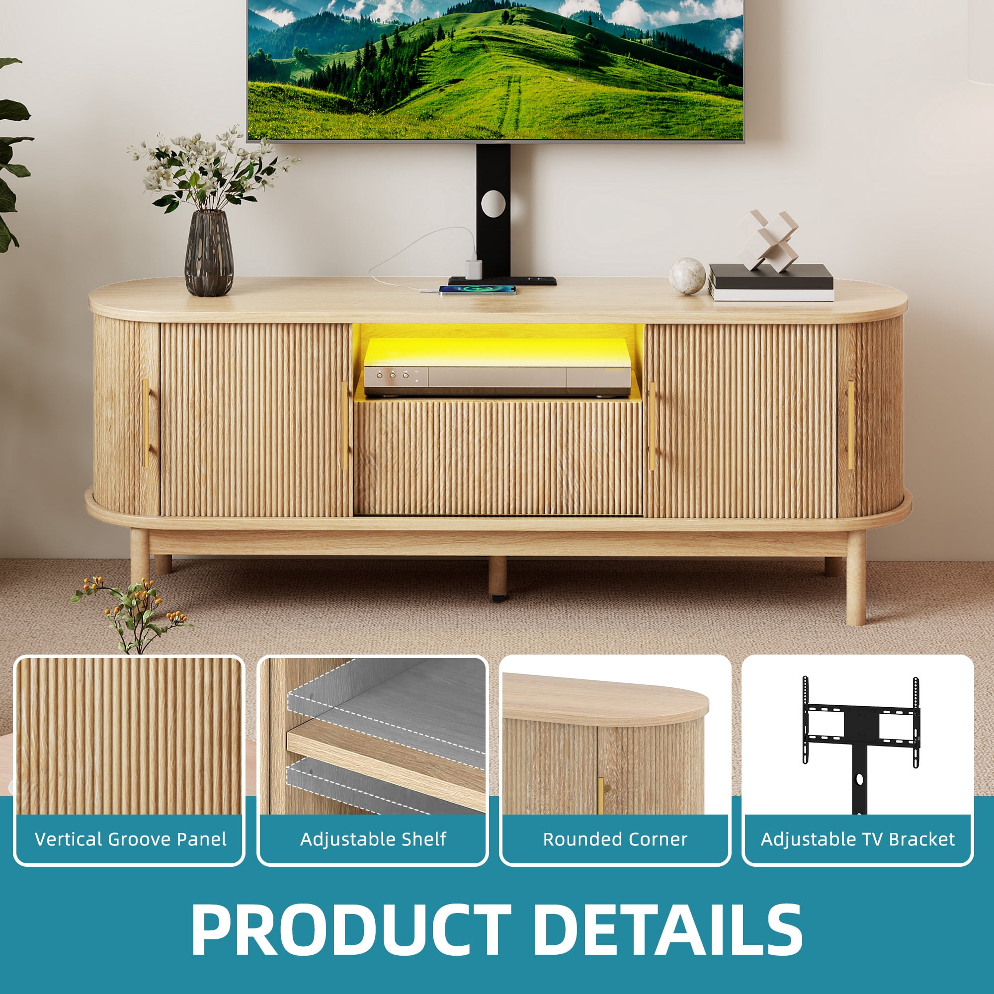 Uforic 60 Inch Modern Fluted TV Stand with Adjustable TV Mount, Fits 32-70 Inch TVs, for Living Room, Beige