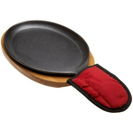 Old Mountain Pre-Seasoned Cast Iron Fajita Plate Set with Wood Base and Cotton