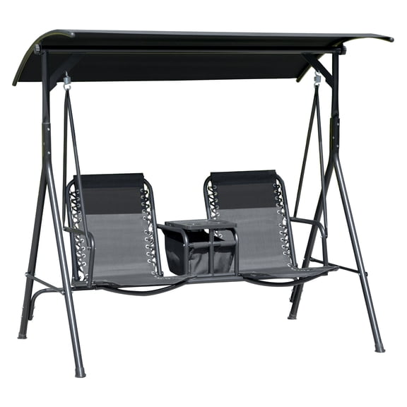 Outsunny 2-Seat Patio Swing Chair, Outdoor Canopy Swing Glider with Pivot Storage Table, Cup Holder, Adjustable Shade, Bungie Seat Suspension and Weather Resistant Steel Frame, Black