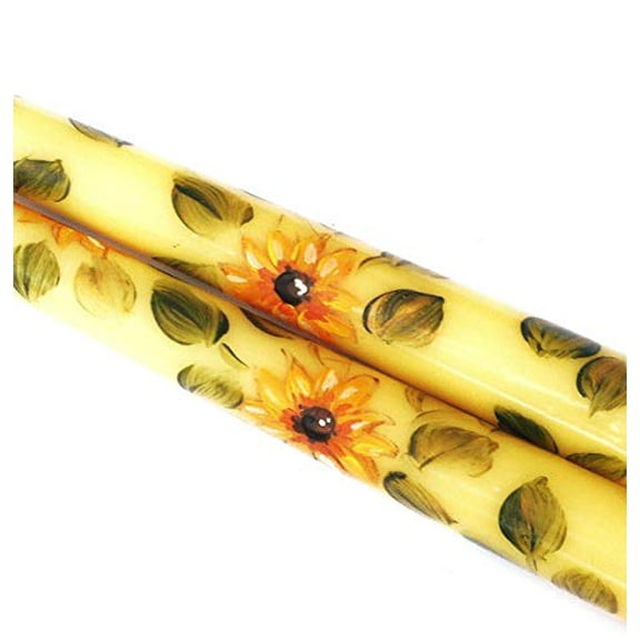 Pair Pretty Unscented  Decorative Decorated Hand Painted Yellow Sunflowers Art Taper Candles Set of Two Fall Boho Bohemian Home Decor