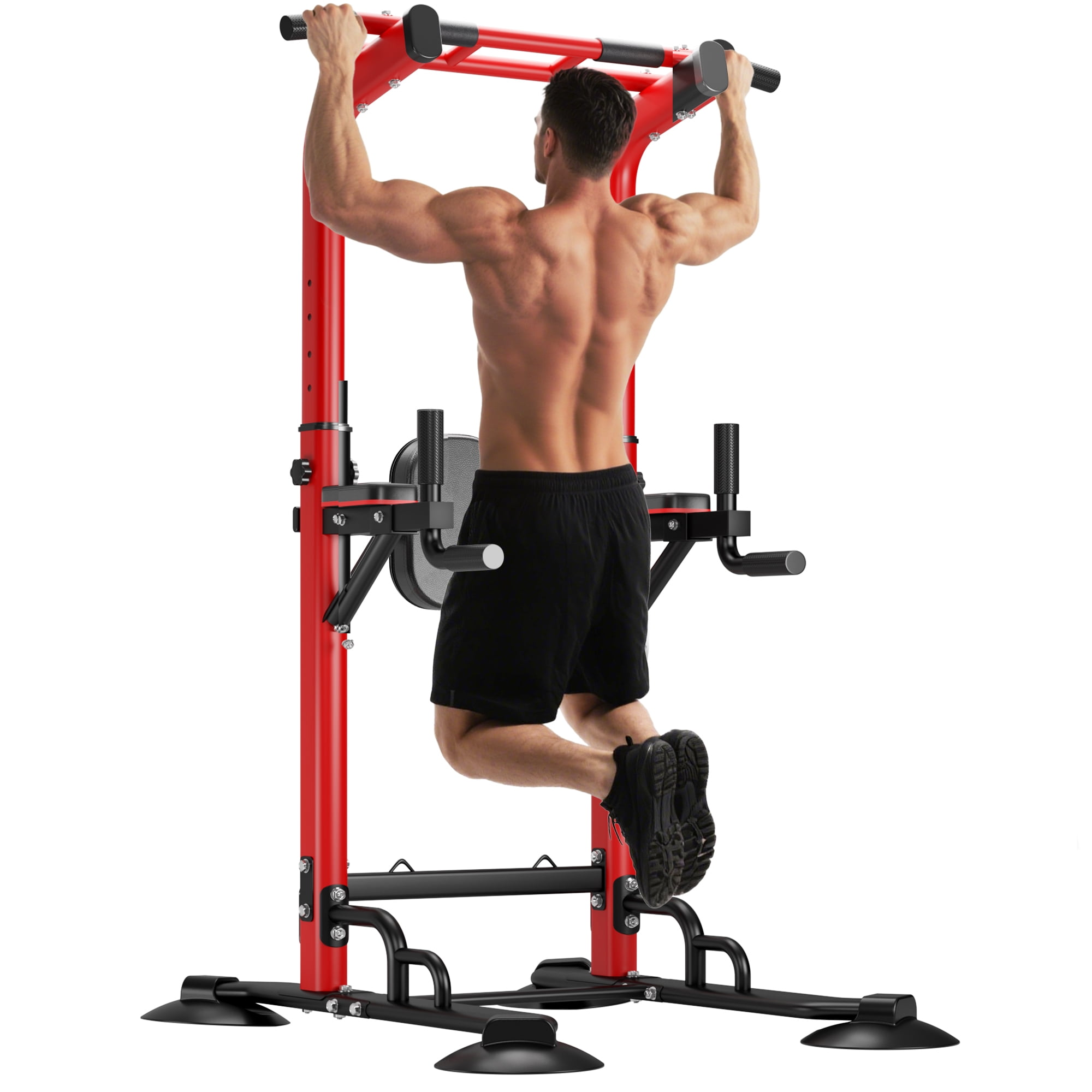 94.5"H Pull Up Bar and Dip Station, Heavy Duty 12 Adjustable Home Gym Equipment for Strength Training, Multifunctional Workout Bar with Resistance Bands – Full Body & Core Exercise 330LBS,Red