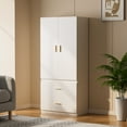 thumbnail image 5 of Lumiinofami Armoire Wardrobe Closet with 2 Doors, Wooden Clothes Storage Cabinet with Hanging Rod and 2 Drawers for Bedroom, White, 5 of 10