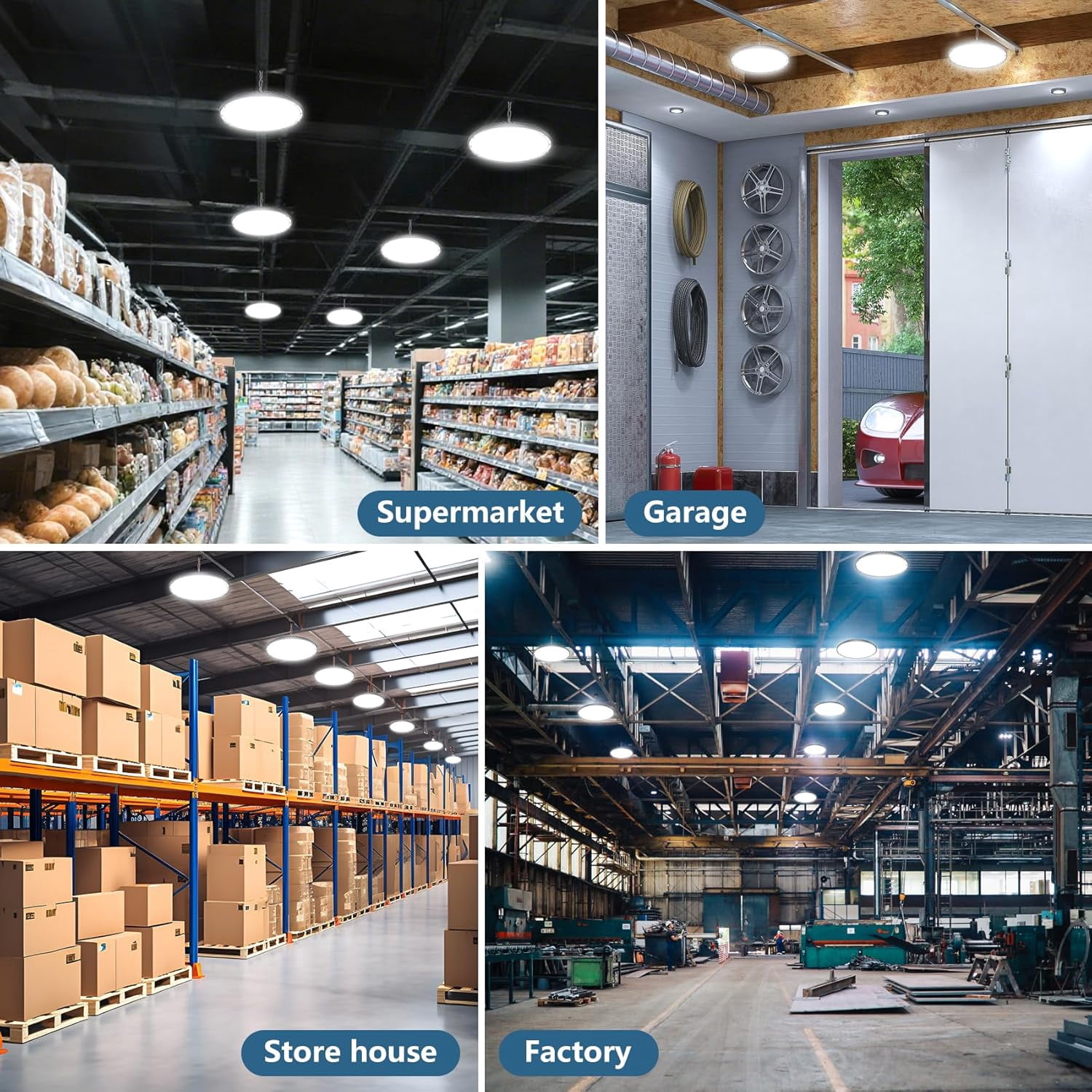 6 Pack 300W Shop Lights, 45000LM UFO LED High Bay Light 6000K Garage Lights IP65 Waterproof Commercial Bay Lighting for Warehouse, Gym, Factory