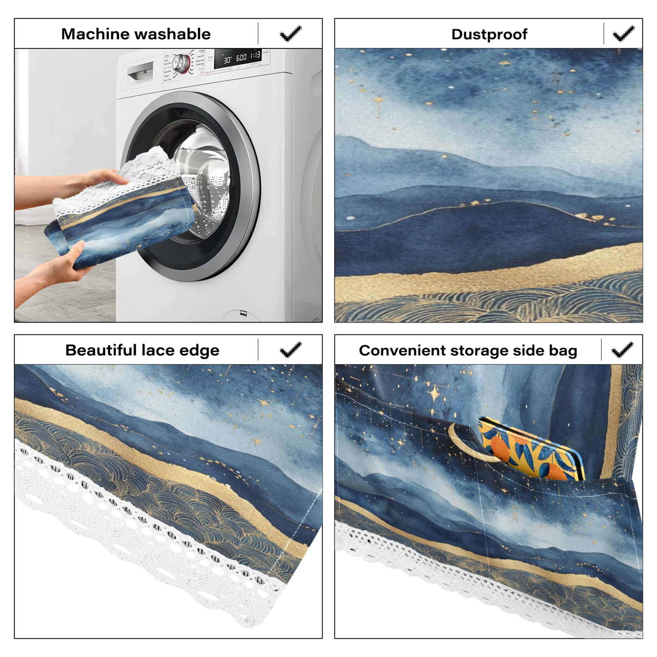 Washing Machine Cover 51.2x22in, Durable Polyester Dust Cover with Lace Trim and Side Pocket for Appliances Night Sky over The Sea