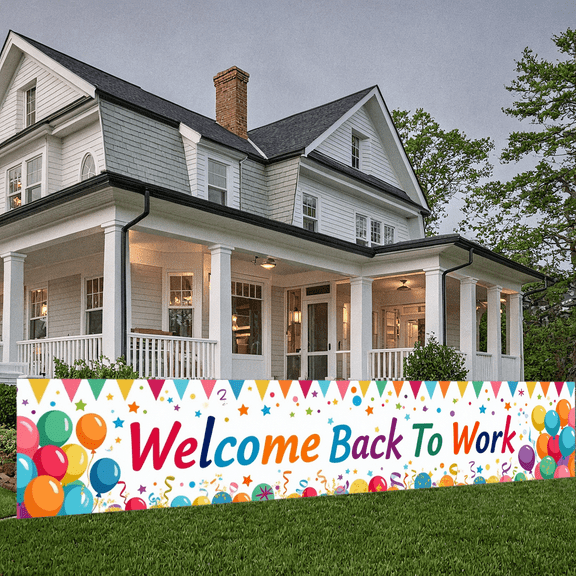 Colorful Design Welcome Back To Work Banner Decorative Balloons Festive Bunting Office Party Backdrop for Office Events Team Gatherings Employee Celebrations