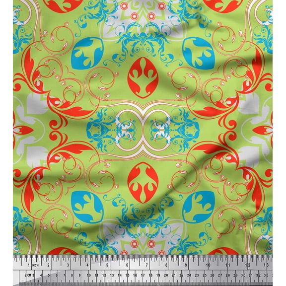 Soimoi Green Poly Georgette Fabric Moroccan Damask Print Fabric by the Yard 42 Inch Wide