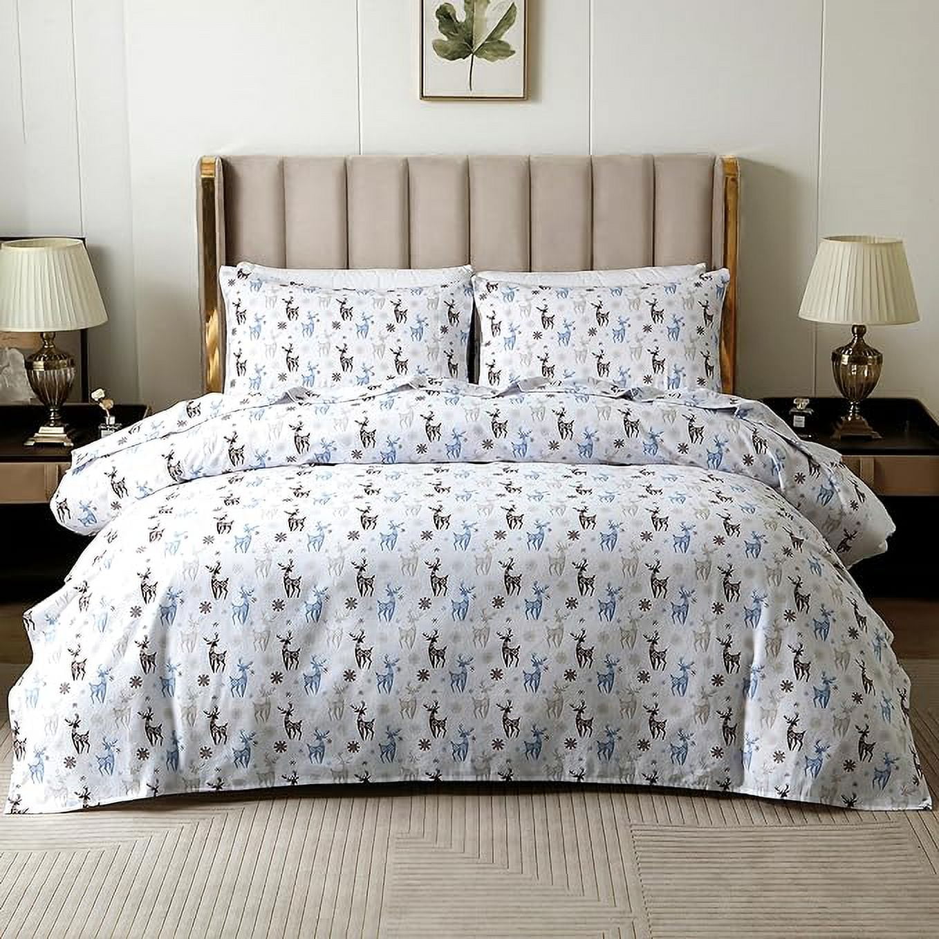 Elegant Comfort - 4 PIECE Holiday Christmas Flannel Cotton Sheet Set, Deep Pocket Fitted - Twin XL, Brown Deer