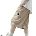 thumbnail image 3 of Jinhomg Boy's Baggy Cargo Shorts Elastic Waist Straight Cotton Shorts Trendy Letter Print Summer Short Pants with Pockets Khaki 9 Years, 3 of 5