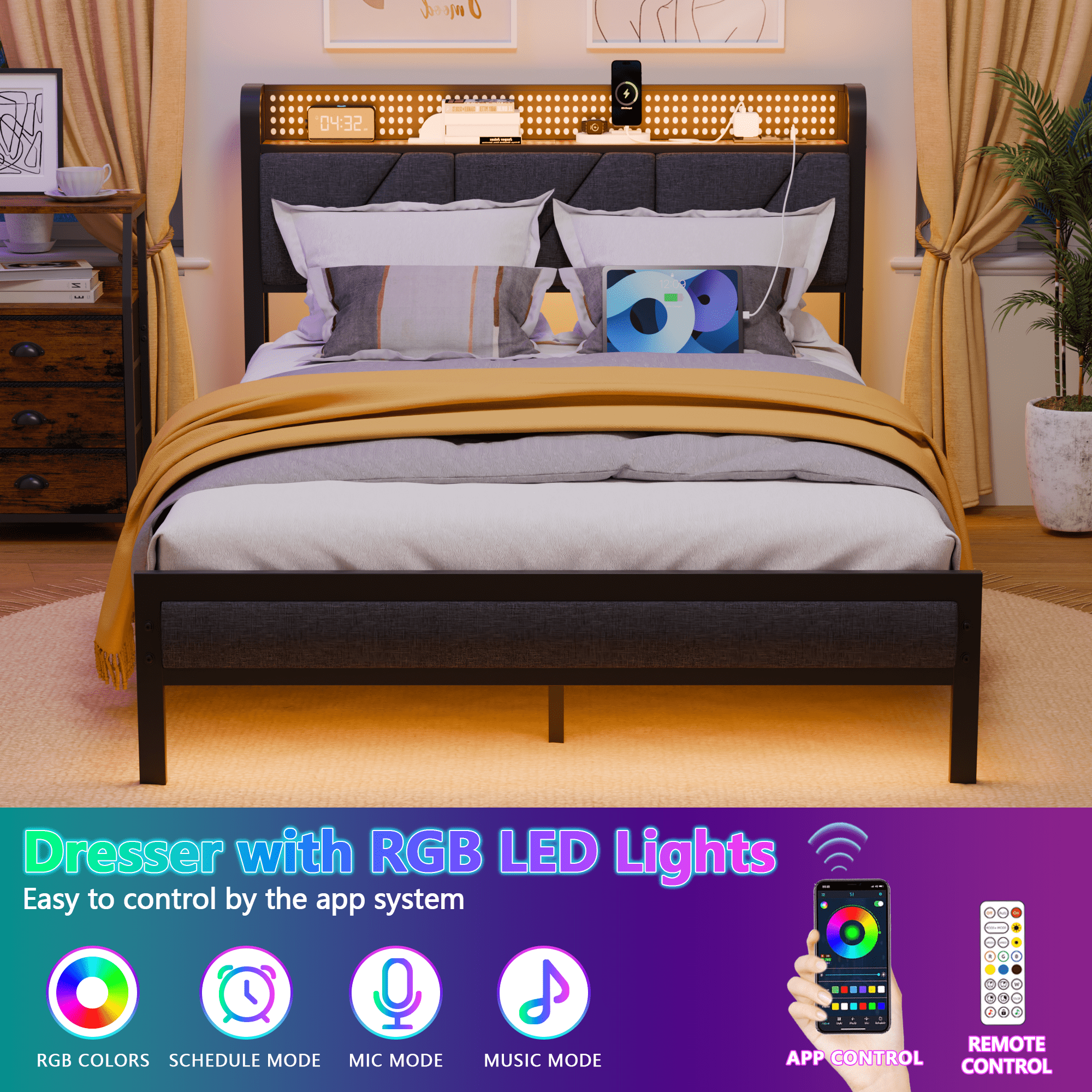 BYT Full Bed Frame with Upholstered Storage Headboard, Metal Platform Bed Station with Charging Station & LED, Noise-Free, No Box Spring Needed