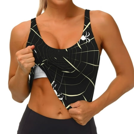 Qokaie Spiders On The Web Pattern Womens Scoop Neck Sports Bra Breathable Workout Vest Padded U Back Medium Impact Fitness Gym Yoga Bra Workout Crop Top