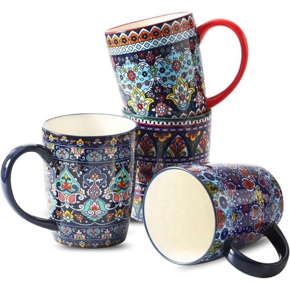 Hasense 16 oz Ceramic Coffee Mugs Set of 4, Large Bohemian Coffee Cups with Handles for Latte, Hot Cocoa, Tea, Housewarming Gift, Dishwasher & Microwave Safe
