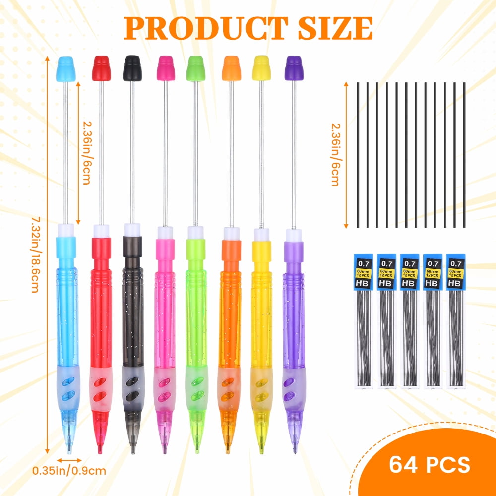 64 Pcs Beadable Mechanical Pencils Bulk,Multicolor Plastic Mechanical Pencils with 0.7mm HB Lead Refills and Soft Silicone Grip for Craft Making Office Supplies Journaling Sketching