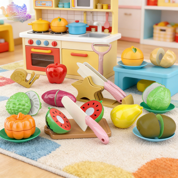 Kids Pretend Cutting Fruit and Vegetable Play Set with Toy Knives, Cutting Board and Plates, Food Chopping Pretend Play House Toys, Cooking Role Play Toy for Kids Ages 3 and Up