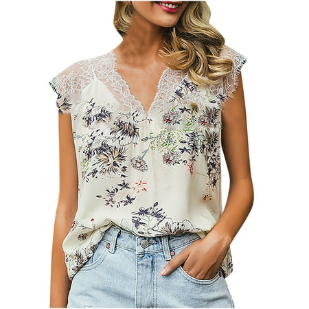 Fesfesfes Summer Tops for Women Tops Casual Loose Fit Tee Shirts Blouse  Print V-neck Shirt