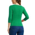 thumbnail image 3 of BLUSA RUCHADA PARA MUJERES CHIC DE INSPIRE CON BOTONES DECORATIVOS, CUELLO EN V, MANGA 3/4, TOP DE PUNTO S EN VERDE TREBOL, 3 of 6