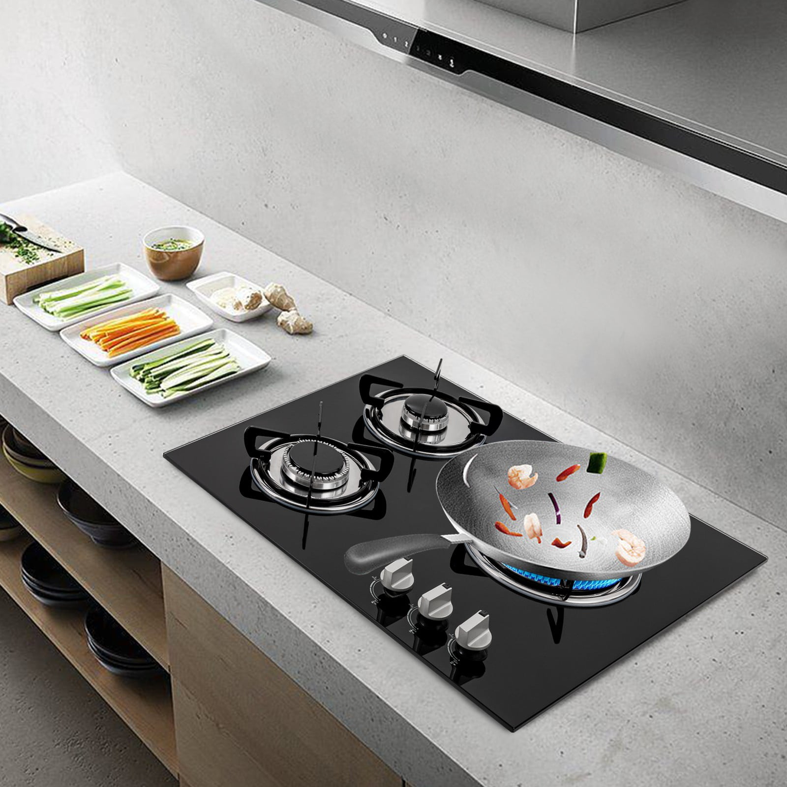 3 Burners High Efficiency Modern Rectangle Built-in Gas Cooktop Black 23.2*20*3.5in for Home Dining