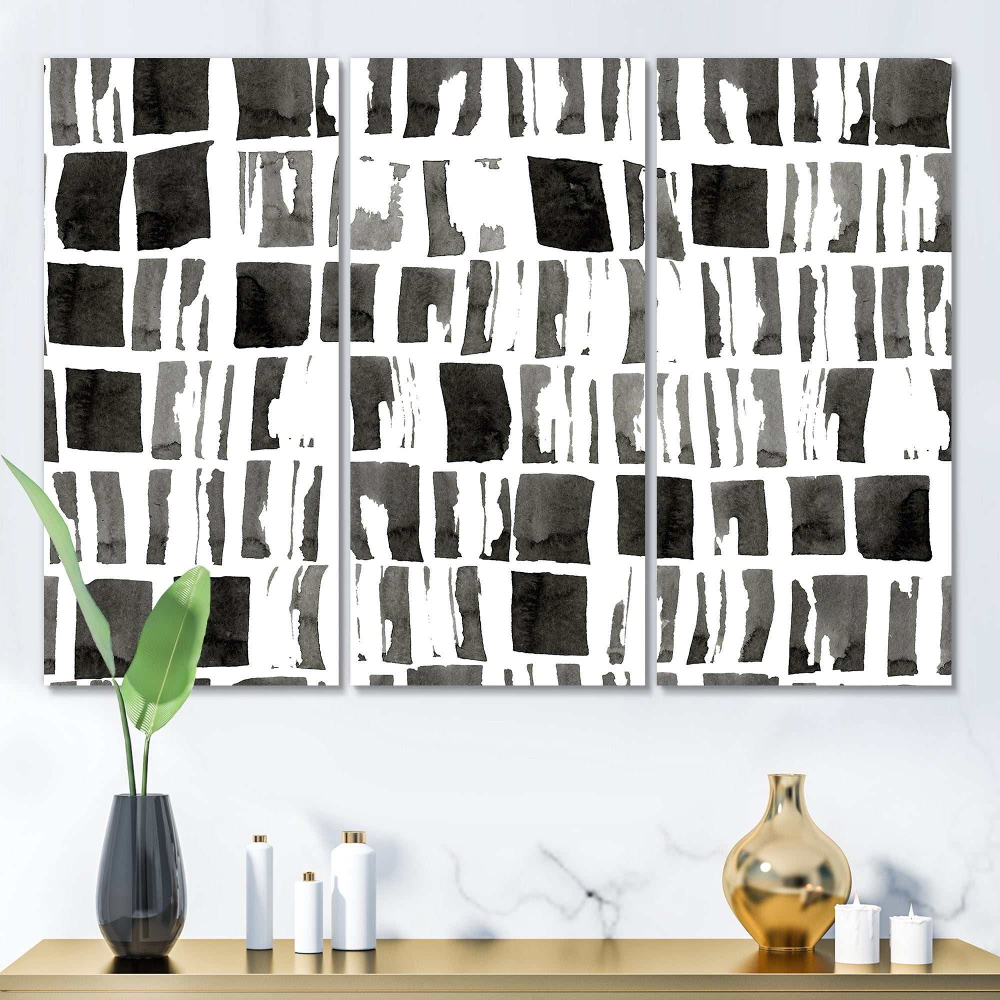 Designart ' Abstract Black and White Bricks ' Modern Canvas Wall Art Print