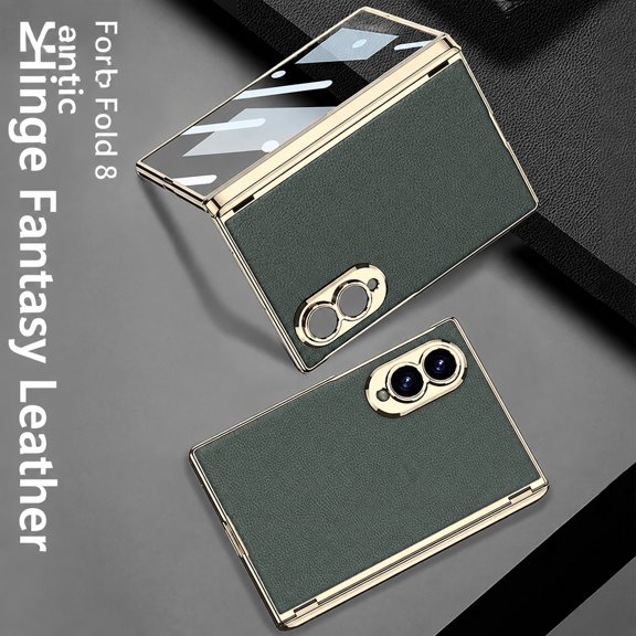 ELEHOLD Electroplated Leather Texture Case for Samsung Galaxy Z Fold8, Slim Shockproof Protective Cover with Spine Shield Screen Film, Darkgreen