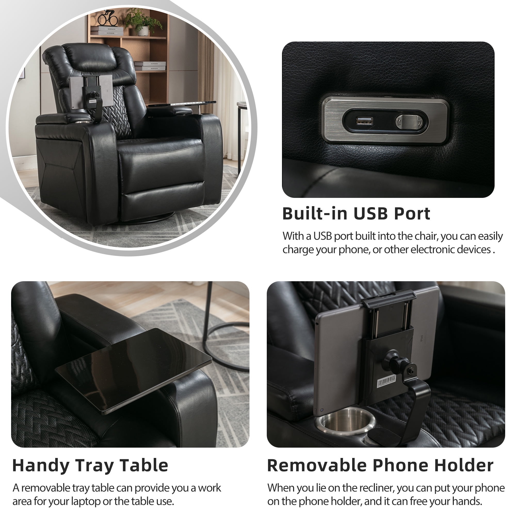 Euroco 270 Degree Swivel PU Leather Power Recliner Individual Seat Home Theater Recliner with Tray Table, Phone Holder, Cup Holder, USB Port, Hidden Arm Storage for Living Room, Black