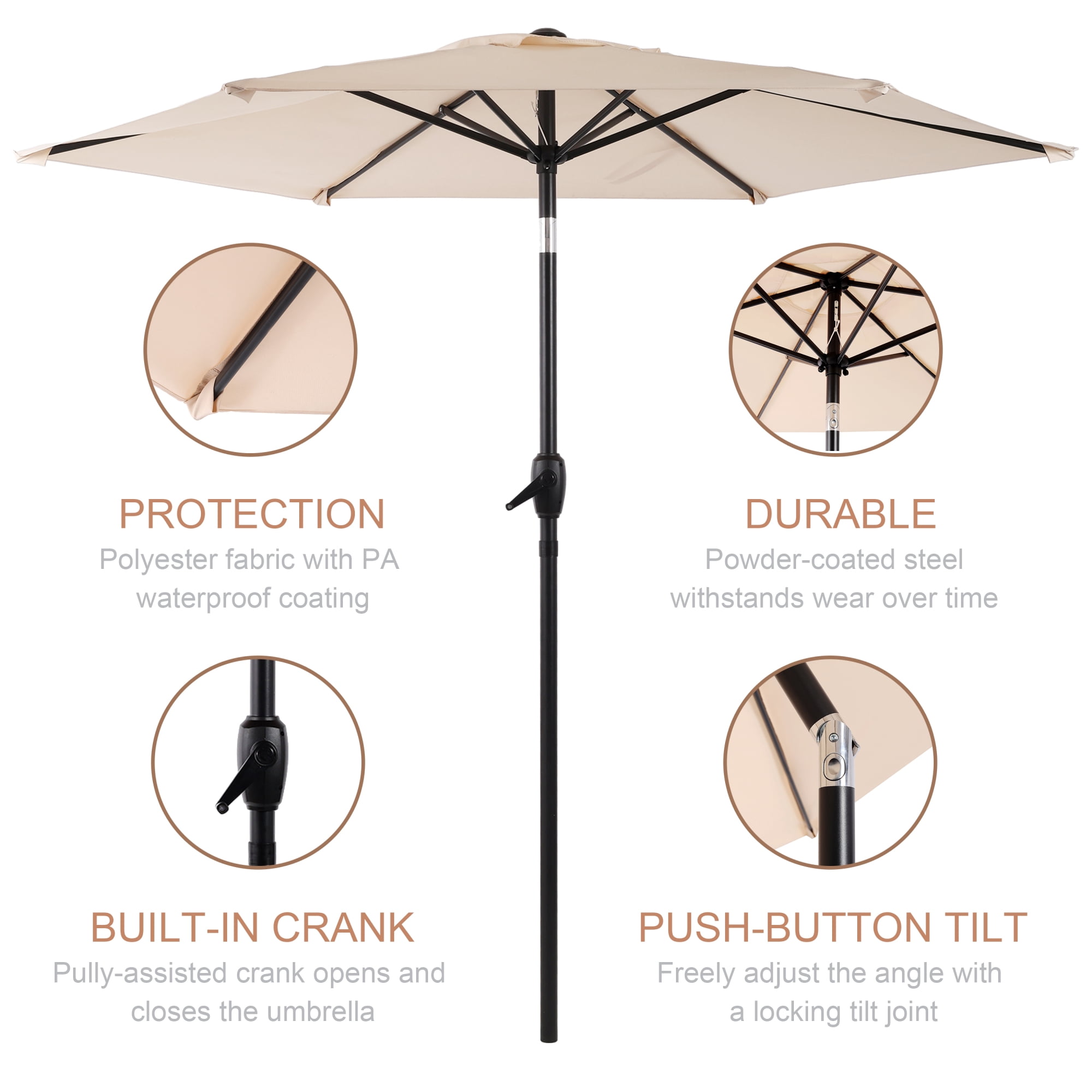 Leumius 7.5FT Patio Umbrella,Outdoor Market Yard Umbrella, Sun Shade Umbrella with Push Button Tilt and Crank Mechanism for Garden, Deck, Pool and Backyard, Not Include Umbrella Base,Beige