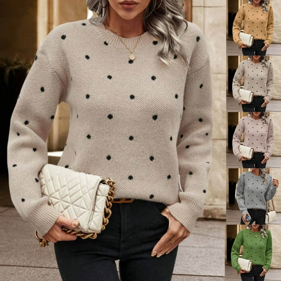 Miluxas Womens Fashion Sweaters Long Sleeve Polka Dot Knitted Tops Classic Crew Neck Casual Pullover Sweaters Yellow XL(XL)