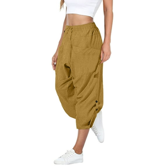 BLVB Linen Capri Pants for Women Casual Elastic Drawstring Waist Summer Wide Leg Pants Baggy Comfy Lounge Beach Capris