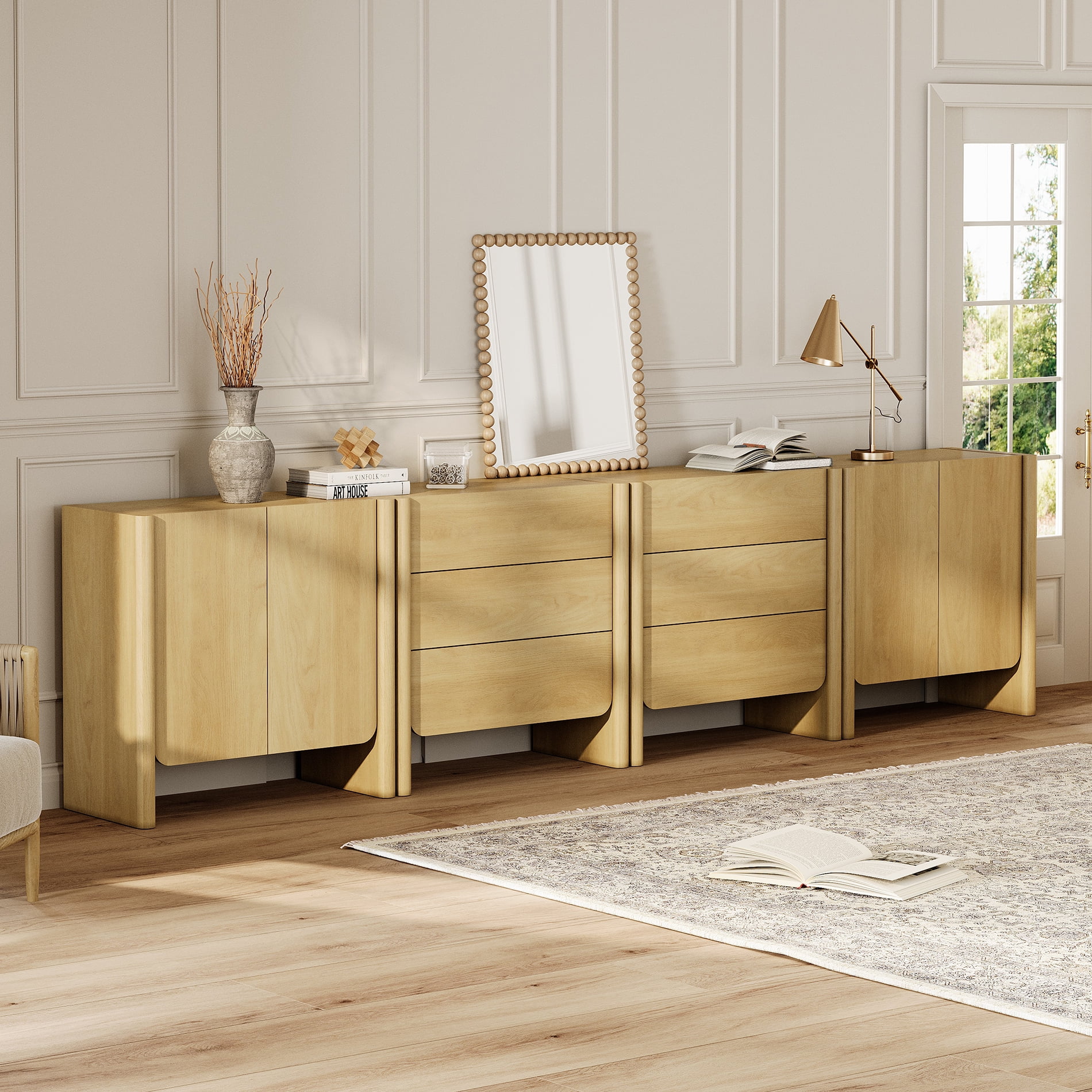 Modern French TV Stand, 126-Inch 4-Piece Media Console with 4 Doors and 6 Drawers, Supports TVs up to 130 Inches, Oak