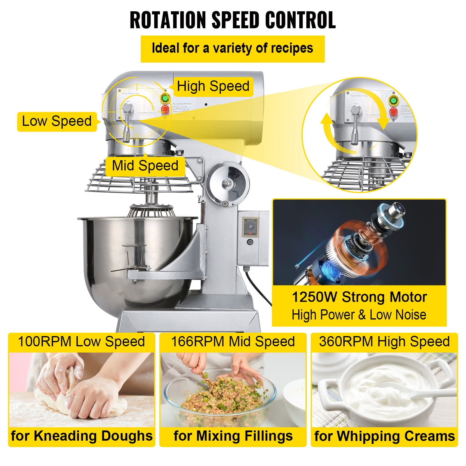 KFFKFF Commercial Food Mixer 30Qt 1100W 3 Speeds Adjustable 105/180/408 RPM Heavy Duty 110V with Stainless Steel Bowl Dough Hooks Whisk Beater for Schools Bakeries Restaurants Pizzerias