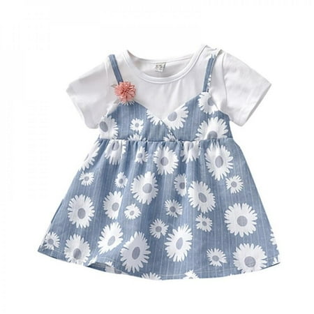 

Best Sale!Summer Casual Kids Girls Short Sleeve Fake 2 Piece Floral Pattern Dress Kids Toddler Princess Sundress
