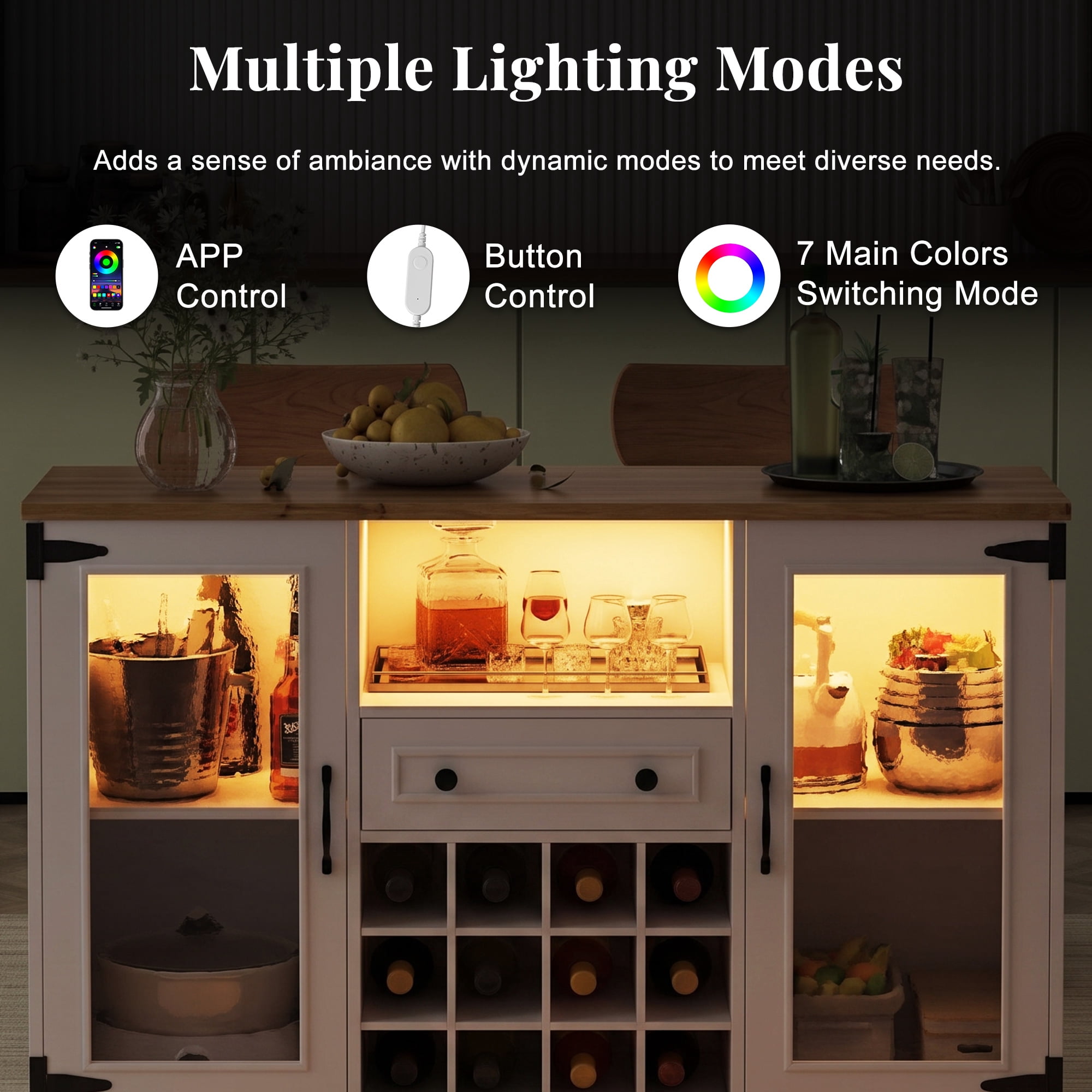 Euroco Coffee Bar Cabinet with Drop Leaf, Liquor Wine Bar Cabinet with LED Lights,Glass Doors,12 Wine Racks,1 Drawer & Open Shelf,Farmhouse Kitchen Cabinet for Dining Room,Natural+White