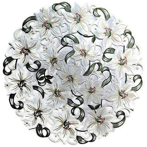 Doily Boutique Round Doily Embroidered with Easter Bleached White Lily Flowers, Size 23 inches