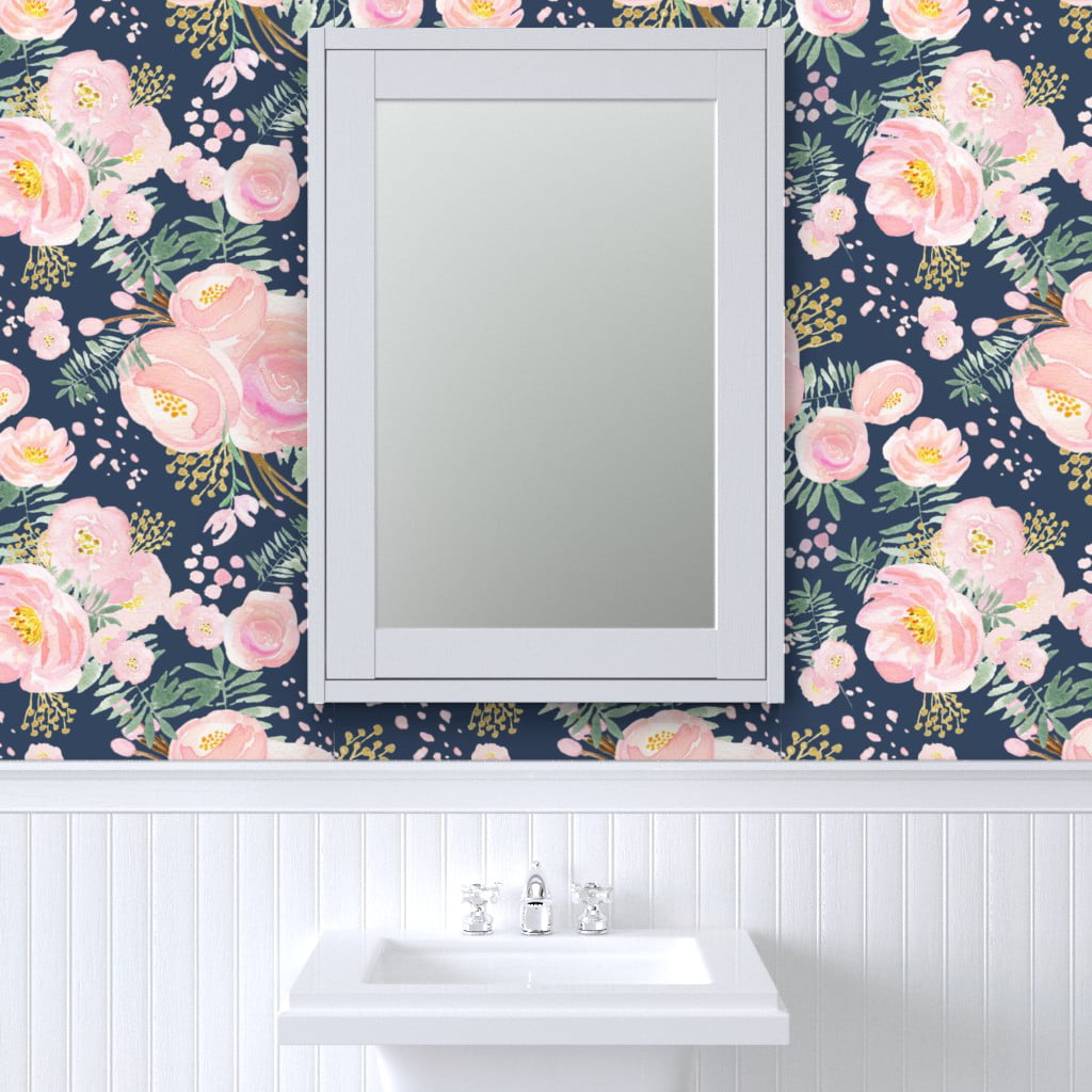 Peel-and-Stick Removable Wallpaper Navy Floral Pink Watercolour Flowers Bunches 