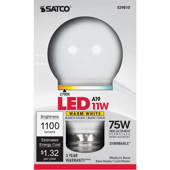 Pack of 12 Satco S9810, 11.5A19/LED/2700K/1100L/120V/D, LED Light Bulb