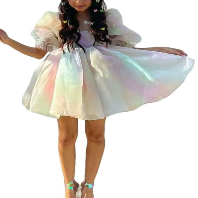 POINTERTECK Womens Puff Sleeve Tulle Princess Dress Romantic Off Shoulder Flounce Square Collar Short Sleeve Mini Fairy Dress