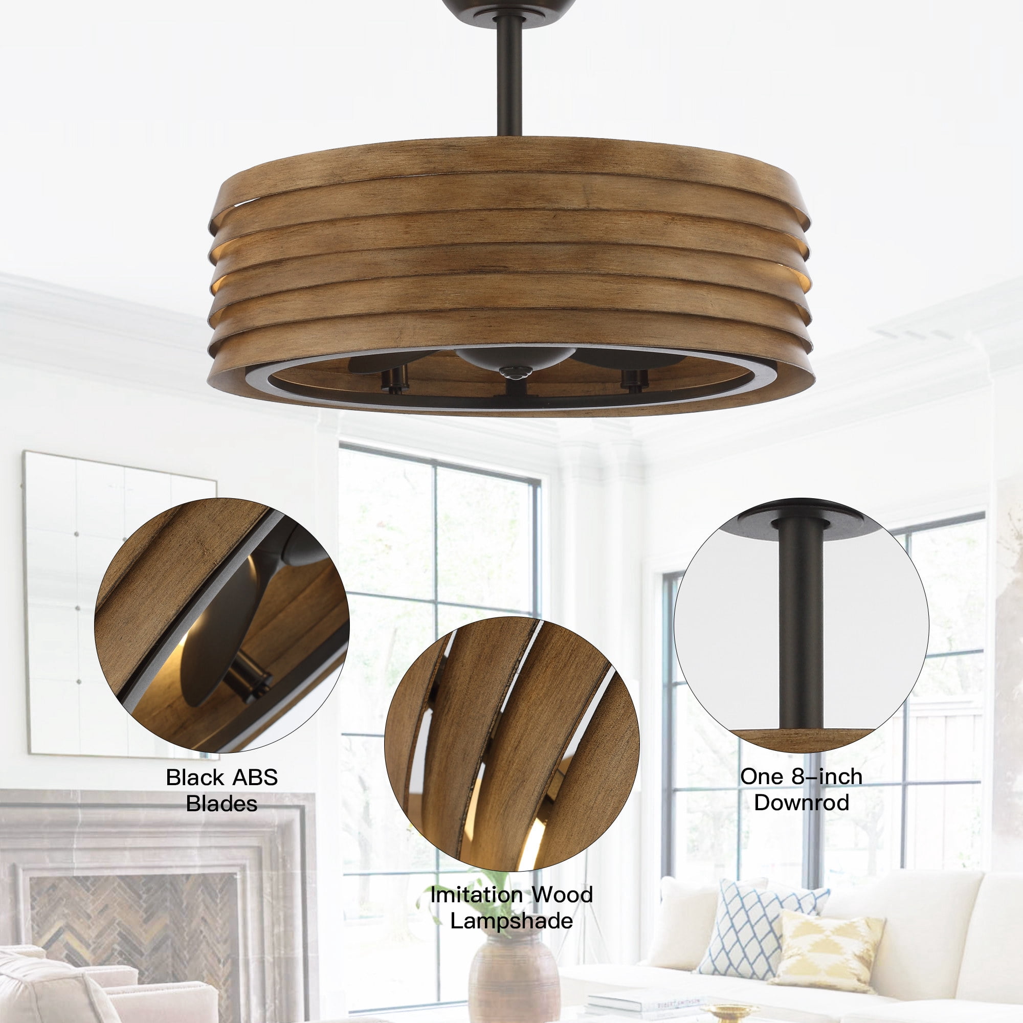 Parrot Uncle Farmhouse 24" Drum Bladeless Ceiling Fan with Lights and Remote, Brown Chandelier Ceiling Fan for Dining Room