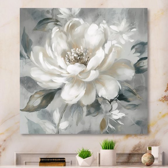 Designart "Peony Blooms In Motion White & Grey I" Floral Peony Metal Wall Art