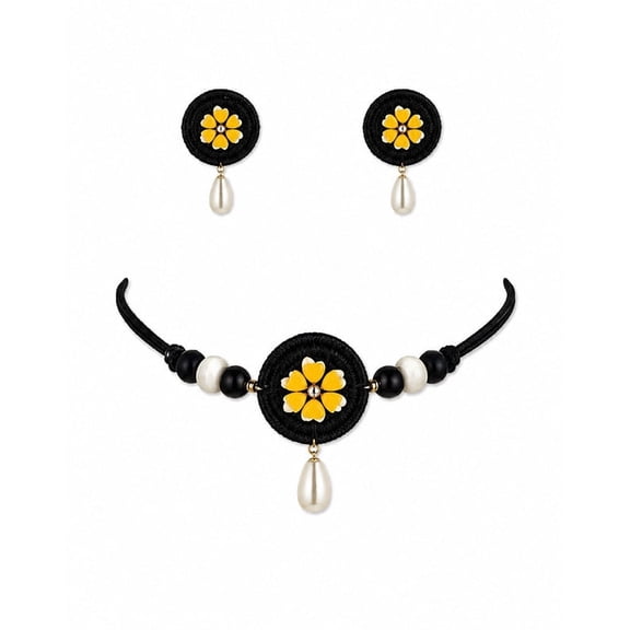 GBT - Floral Pendant Necklace and Matching Drop Earrings Set with Beaded Cord and Decorative Accents
