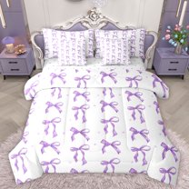 Homewish Cute Bow-Tie Bedding Comforter Set 7-Piece for Female Men Adults,Purple White King Bedding Sets,Dreamy Princess Ultra Soft Bed Sheets,Ultra Soft Home Decor,Reversible
