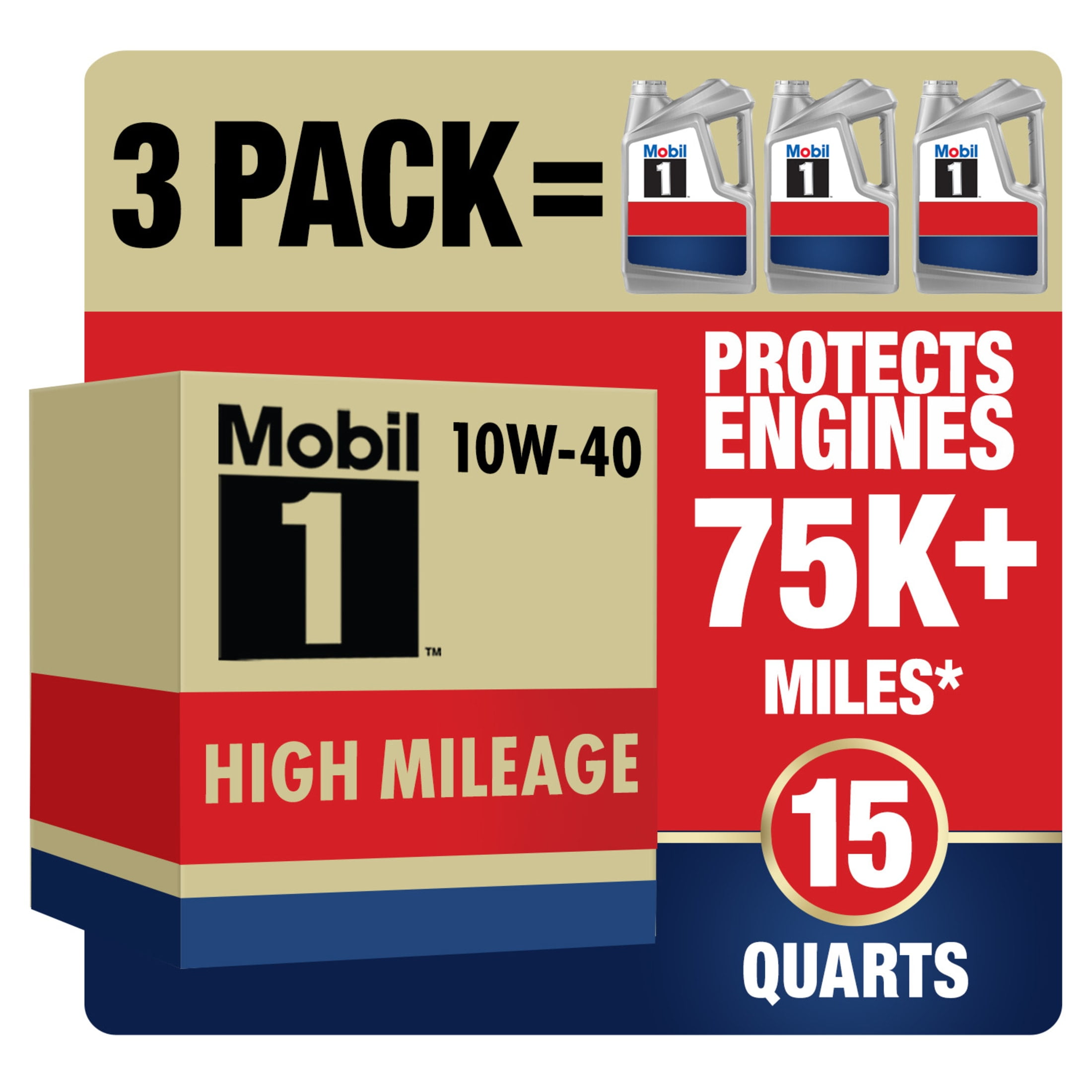 Mobil 1 High Mileage Full Synthetic Motor Oil 10W-40, 5 Quart (Pack of 3)