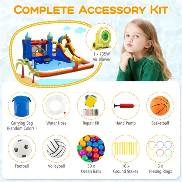 Inflatable Water Slide Bounce House, Multi-Sport Games with Splash Pool & Blower (Colorful)