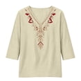 thumbnail image 5 of GZWYHT Embroidered Linen Tops for Women Gauze Cotton Blouse Muslin Shirt Women Linen Tunic Tops Gauze Tunic Shirts for Women Linen 3/4 Sleeve Tops Beige L, 5 of 9