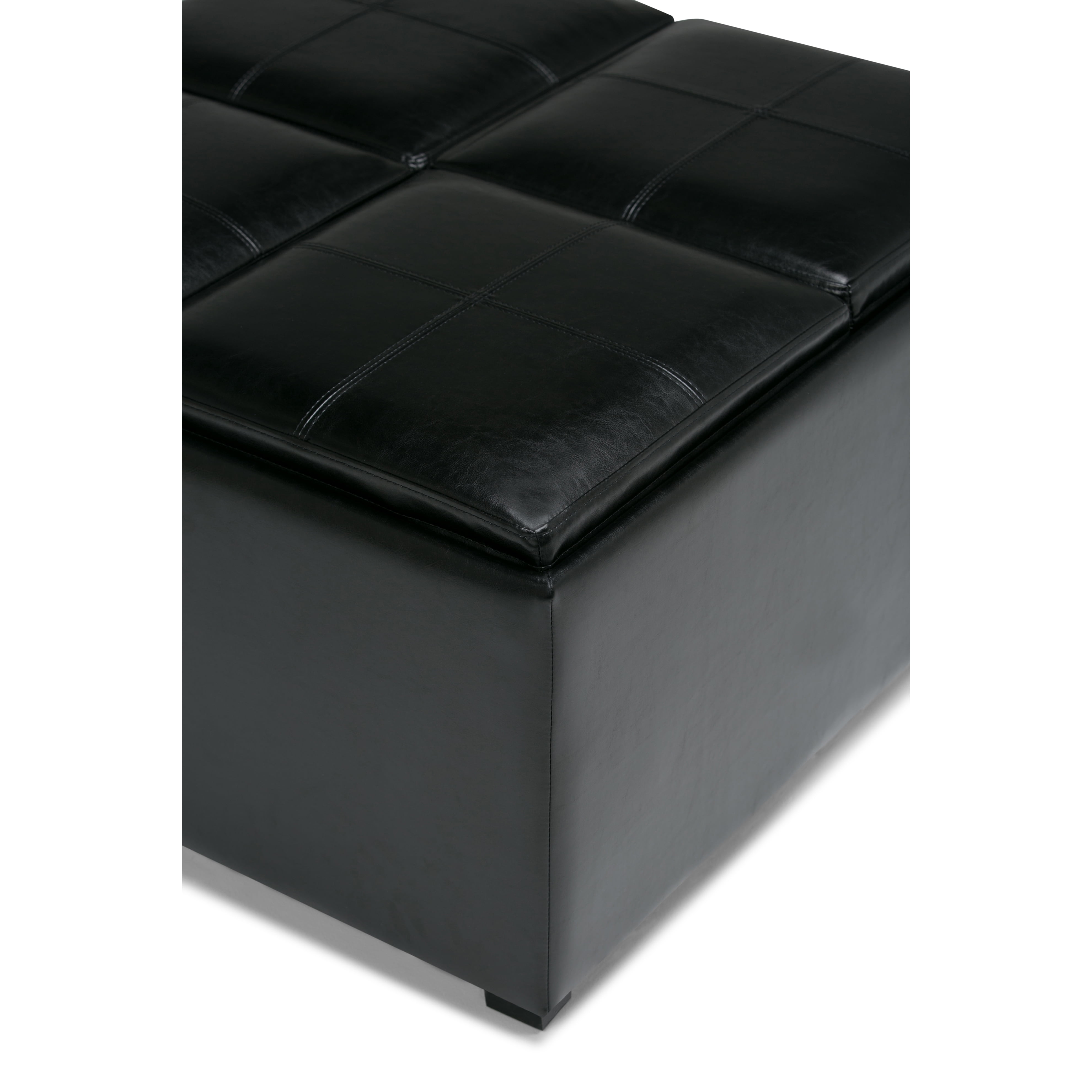 Simpli Home Avalon 35 inch Wide Contemporary Square Coffee Table Storage Ottoman in Midnight Black Vegan Leather