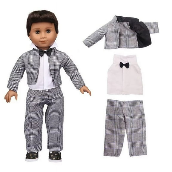 Babysbule 18 inch Boy Doll Suit Set – Gray Plaid Formal Outfit with Jacket, Pants & Shirt – Elegant Dress-Up Clothes for Special Occasions