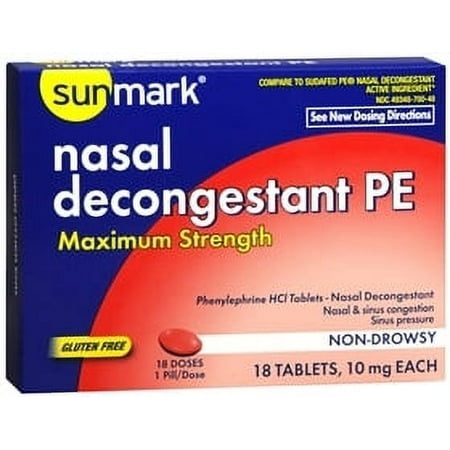 Sunmark Nasal Decongestant PE Maximum Strength Tablets, 10 mg, 18 Count