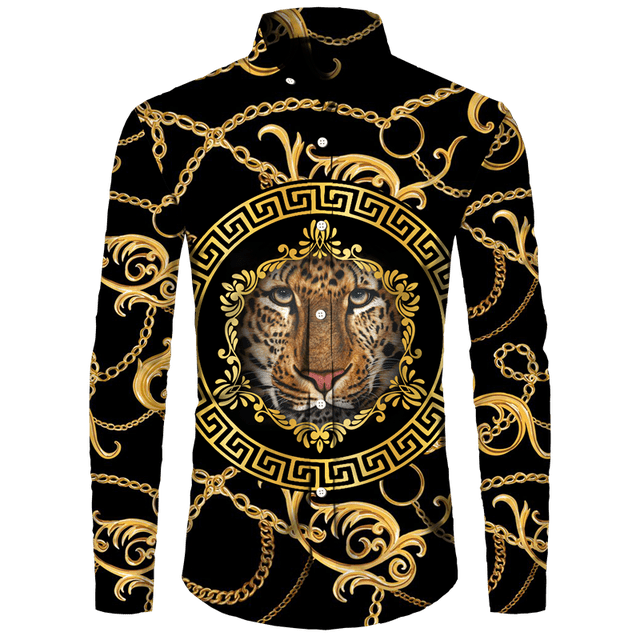 Camisas con estampado 3D de león dorado para hombre, Tops de manga larga con cuello vuelto y botones, ropa de calle de estilo barroco a la moda